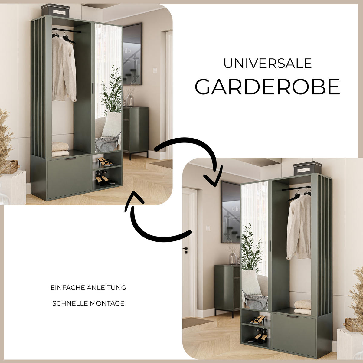 GARDEROBENSCHRANK mit Spiegel-mit Ablagen und Kleiderstange - Grün, Holzwerkstoff (100/190/33cm) - Idohome