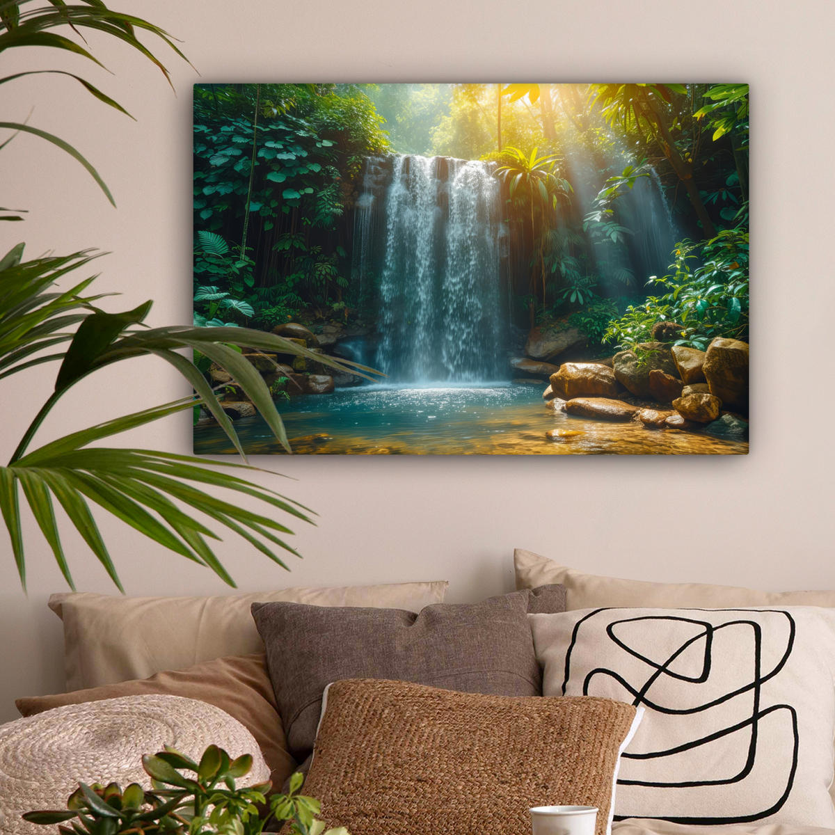 LEINWANDBILD Wasserfall - Dschungel - Sonne - Grün - Natur Wanddeko 90x60 cm - Grün, Textil (90/60cm) - MuchoWow