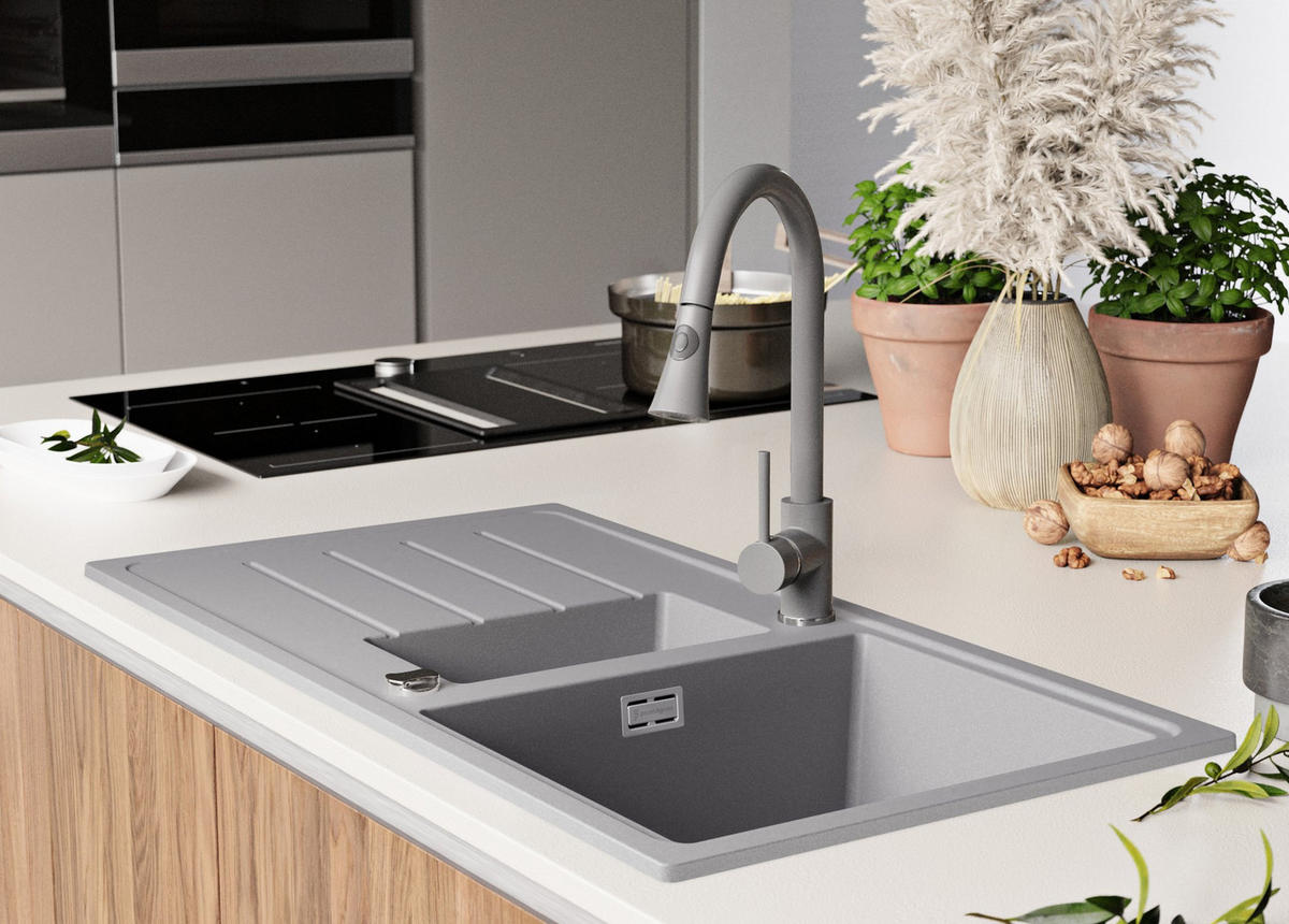 SPÜLBECKEN Kopenhagen Duo, 2-er set Grau 90/50 cm 1,5 Becken + Ablauf-Set ab 60er Unterschrank - Chromfarben/Grau, Kunststoff (90/19/50cm) - Primagran