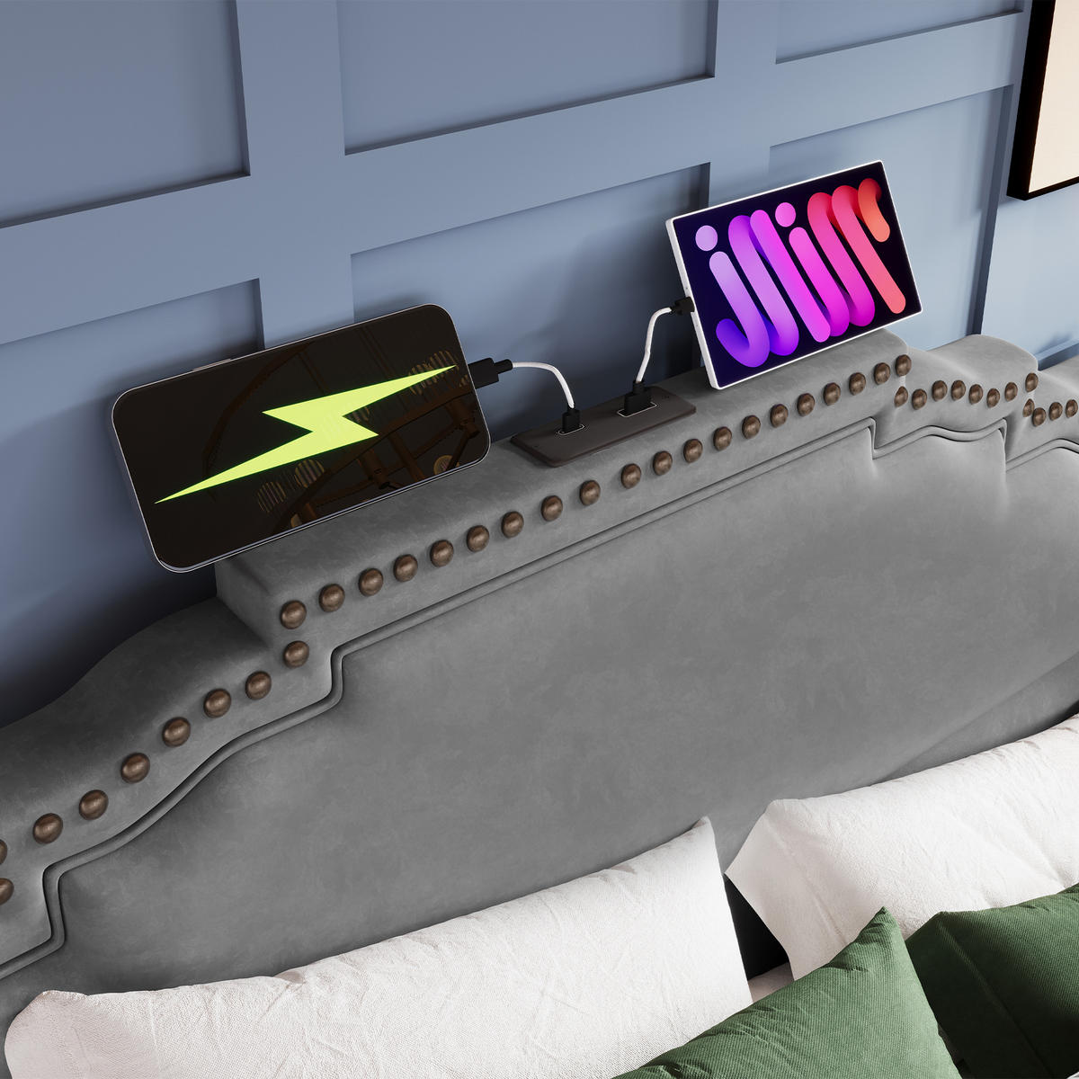 POLSTERBETT 140/200 cm Grau mit hydraulischem Stauraum, LED-Beleuchtung und USB-C-Anschlüssen - Grau, Textil (140/200cm) - OKWISH