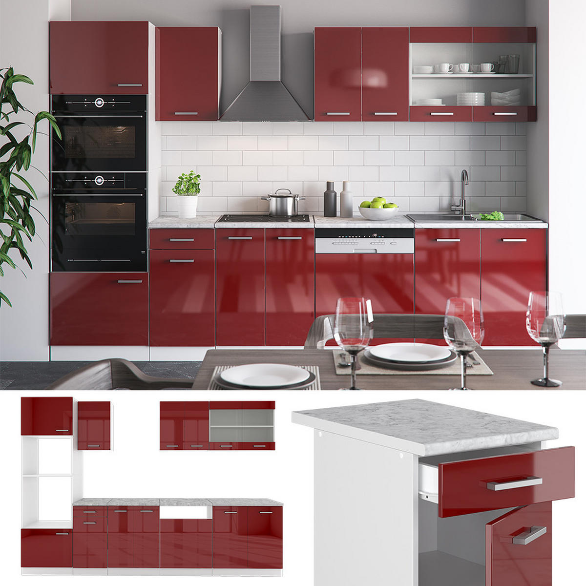 KÜCHENZEILE R-Line Bordeaux Hochglanz/Weiß 300 cm mit Hochschrank AP Eiche - Bordeaux/Weiß, Holzwerkstoff (300/81.6/60cm) - Vicco