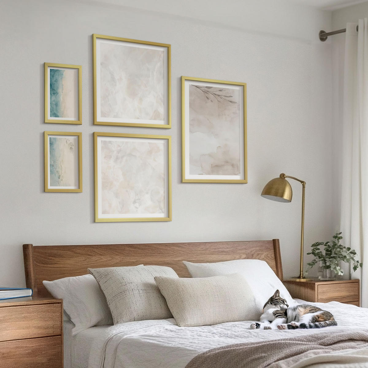 WANDBILDER 5er Set - 50x50 cm & 20x30 cm & 40x60 cm Goldrahmen - Aquarellmalerei-Textur - Goldfarben, Kunststoff (40/60cm) - ArtPrintCave