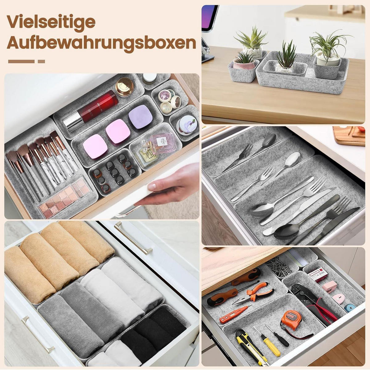 SCHUBLADEN Organizer 9-teiliges Set Filz Hellgrau - Grau, Textil (20/7/28cm)