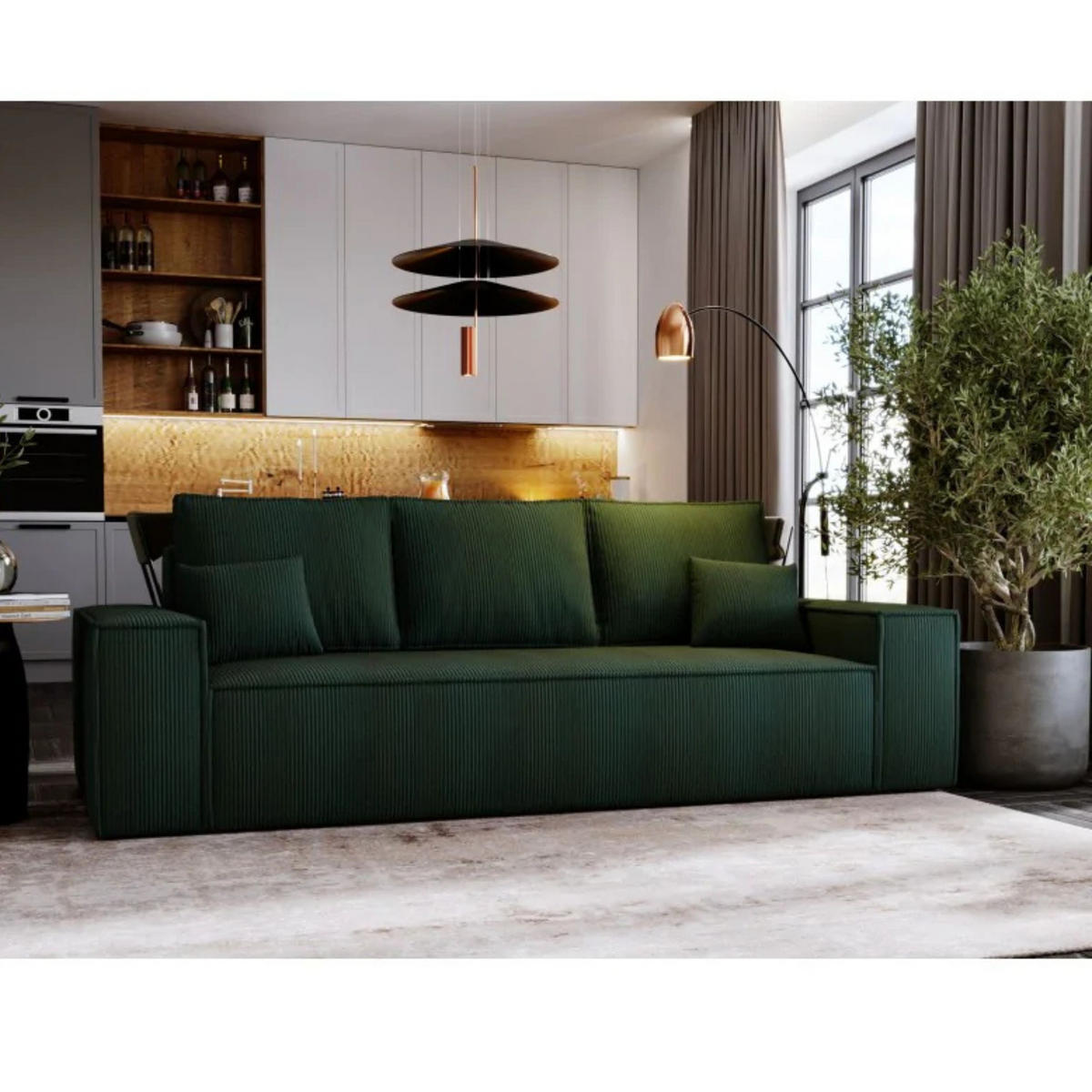 SCHLAFSOFA AGA, Sofa mit Schlaffunktion und Bettkasten, Farbe: Grün, Cordstoff - Grün, Textil (256/94/97cm) - Sepro Meble
