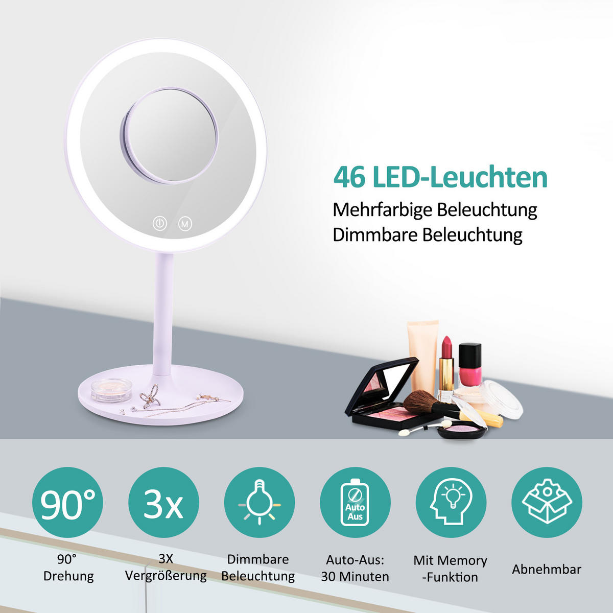 KOSMETIKSPIEGEL mit Licht mit Abnehmbare Saugnapfes, Violett, φ20 cm - Lila, Glas (20/35/20cm) - EMKE