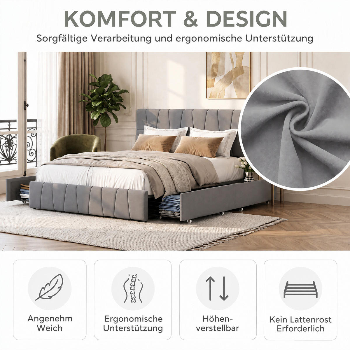 POLSTERBETT 160x200 cm mit Stauraum, Doppelbett mit 4 Schubladen, Lattenrost, grauer Samtstoff - Grau, Holz/Textil (160/200cm) - GENKI LIVING