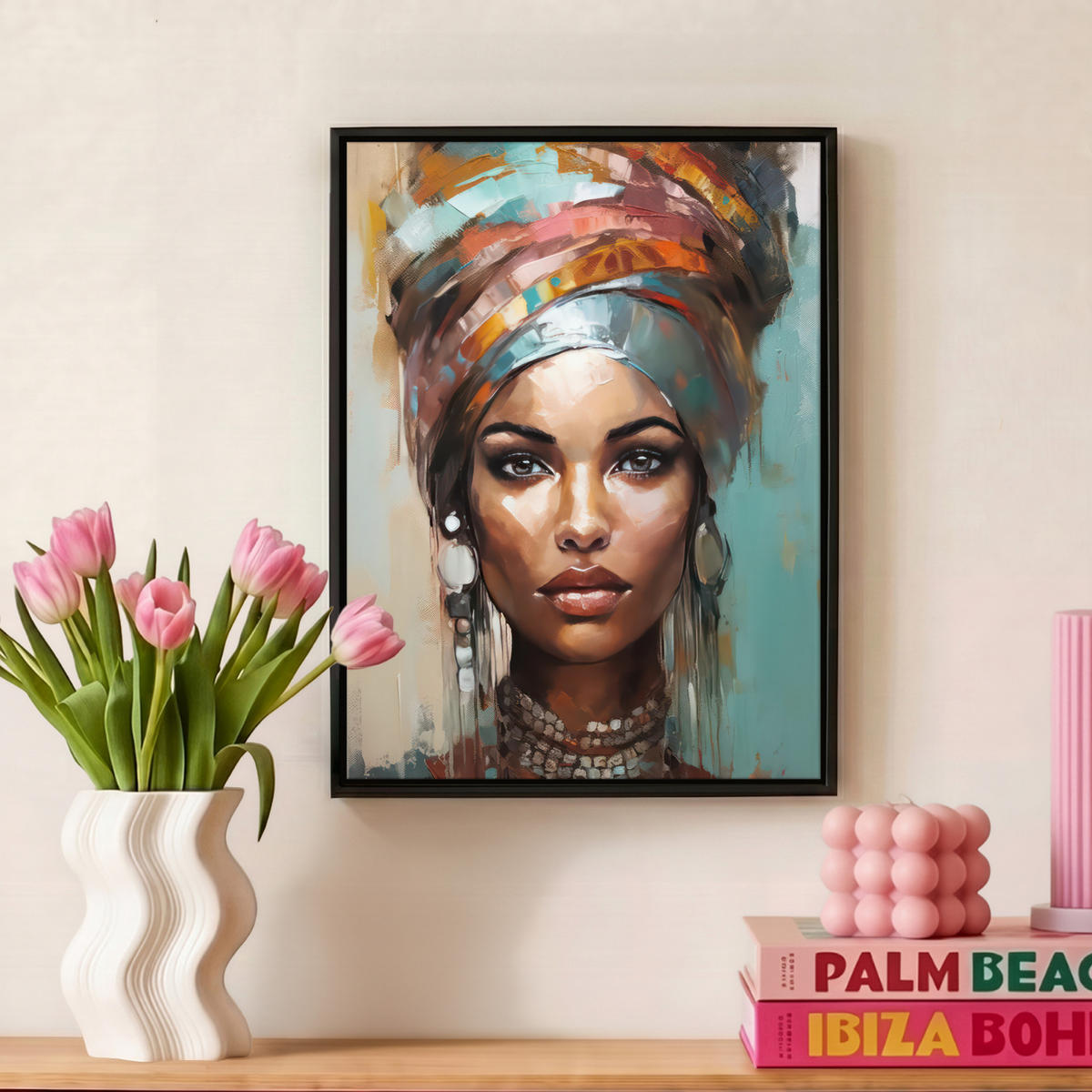 LEINWAND Bilder mit Rahmen - Frau - Kunst - Schmuck - Porträt - 30x40 - Blaugrau, Textil (30/40cm) - MuchoWow