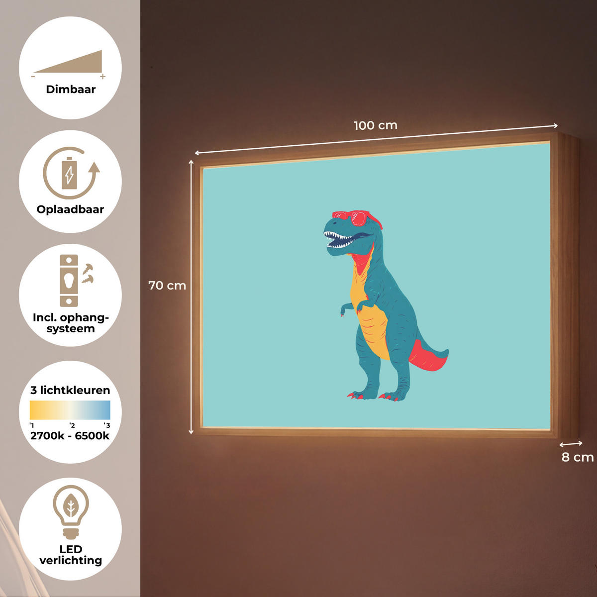 NÁSTĚNNÁ LAMPA S AKUMULÁTOREM Dinosaurus - Modrá - Sluneční brýle 100x70 cm - světle modrá, kompozitní dřevo (100/70/8cm) - OnlyWow