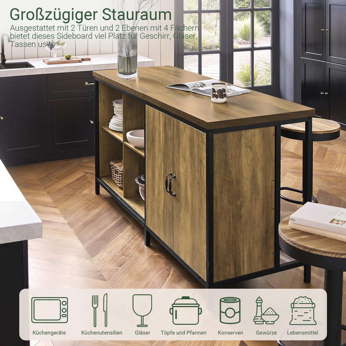 KÜCHENINSEL im Industrie-Design 170x89x60cm - Schwarz/Braun, Holzwerkstoff/Metall (170/89/60cm) - SoBuy