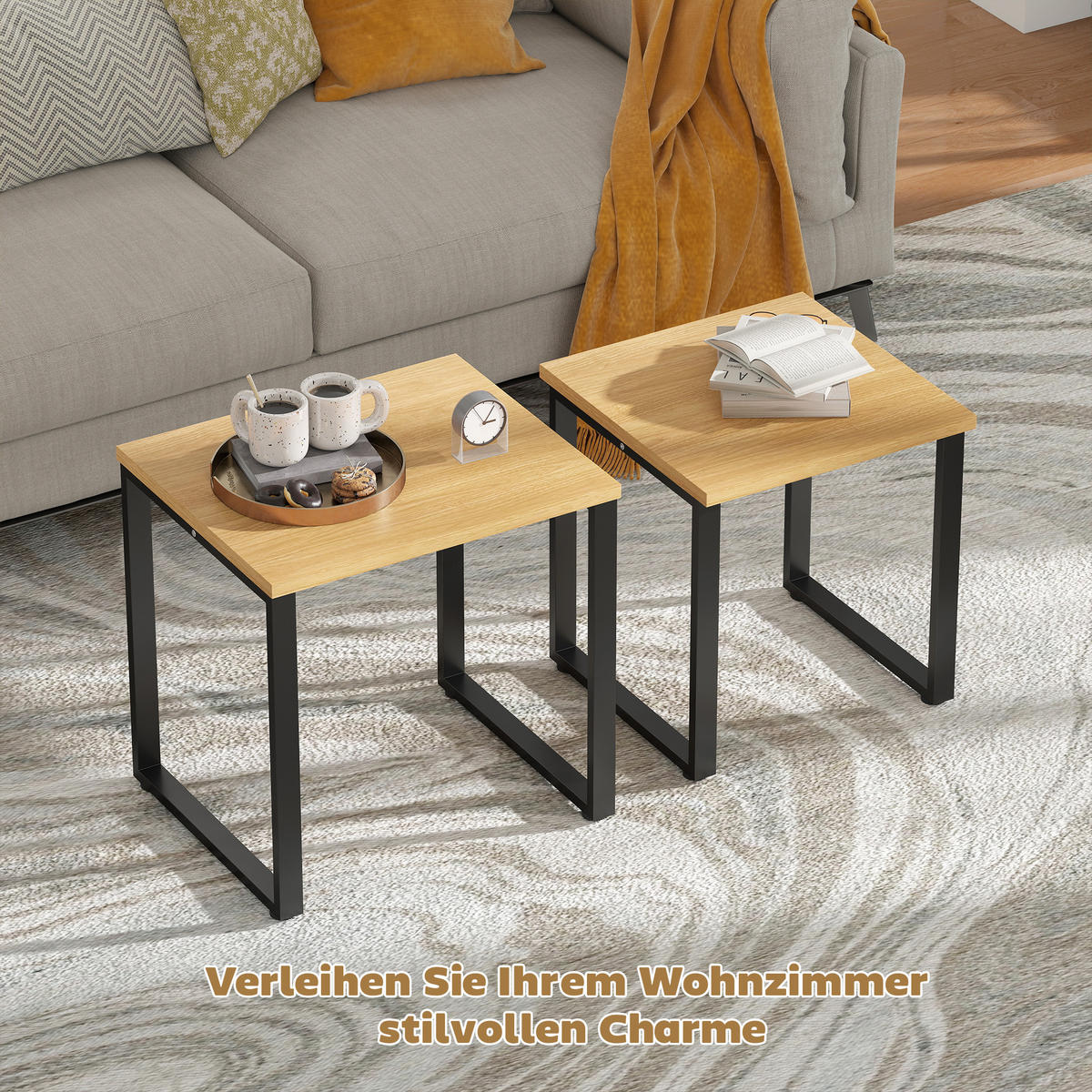 COUCHTISCH 2er Set Wohnzimmertisch mit Metallrahmen für Wohnzimmer Natur - Schwarz/Naturfarben, Holzwerkstoff/Metall (60/50/60cm) - HOMCOM