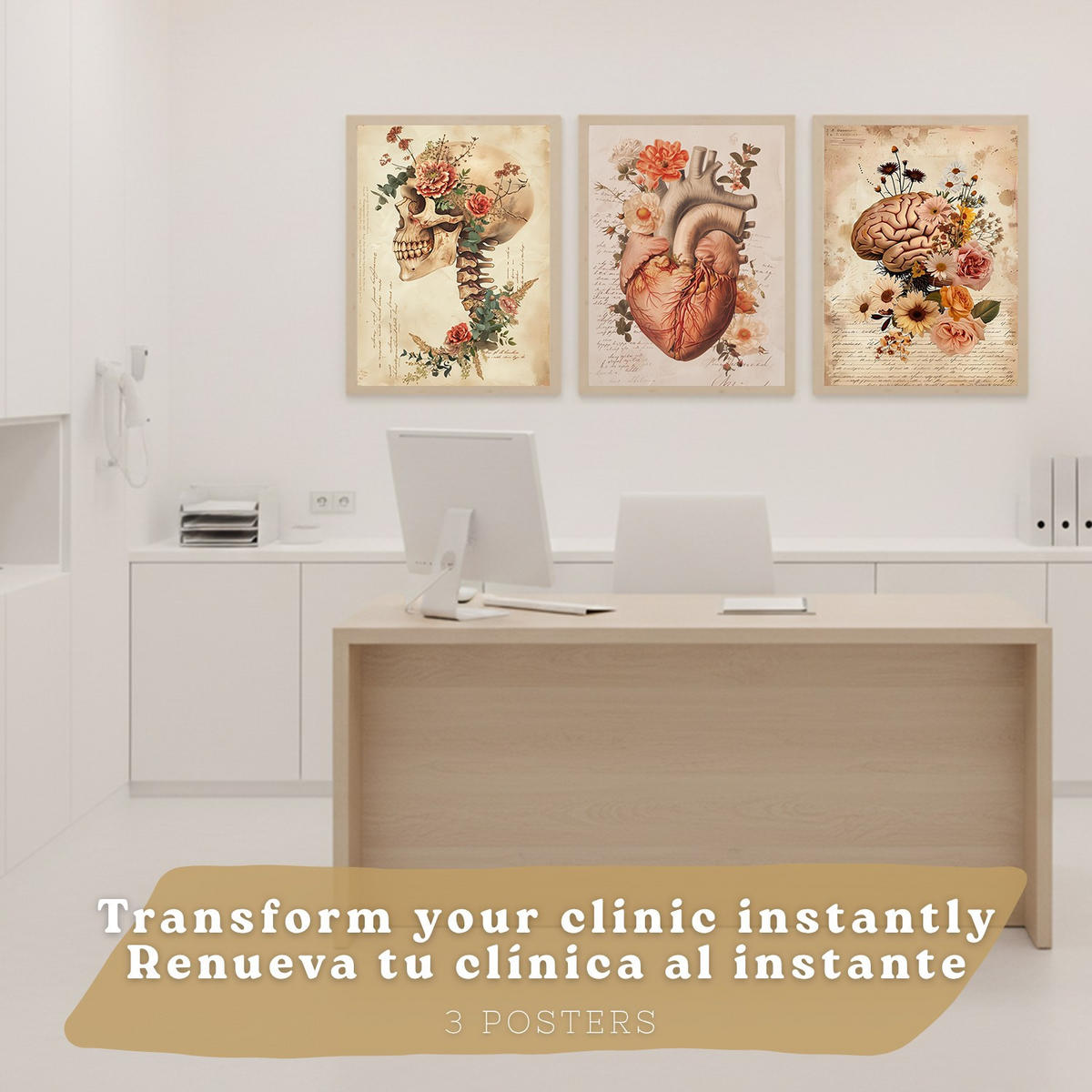 POSTER Set aus 3 Anatomie Mensch Drucke und Wandbilder mit Herz Gehirn und Schädel Vintage Floraler Stil Wanddekoration Größe Rahmenlos A4 - Klar, Papier (21/29.7/3cm) - Nacnic