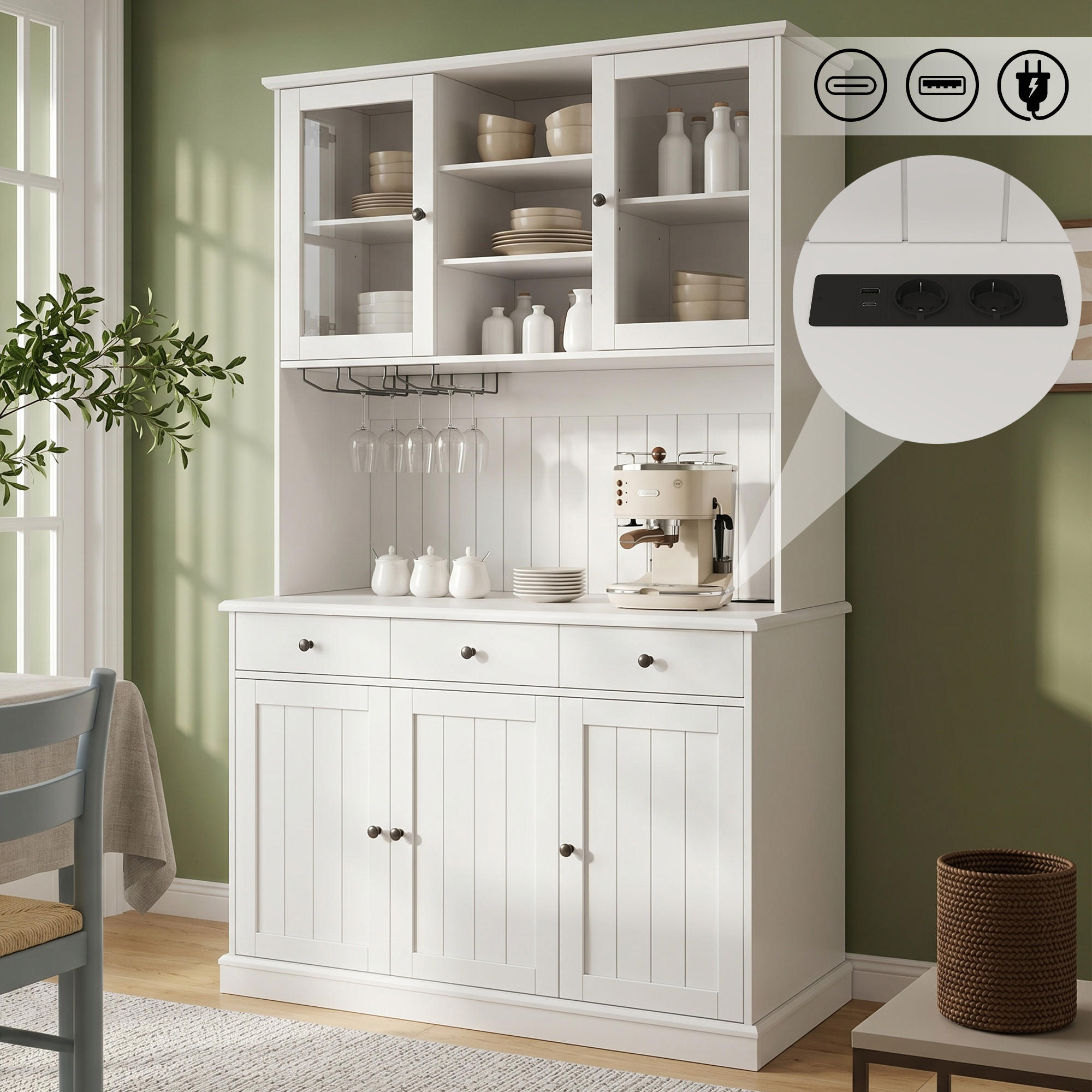 BUFFETSCHRANK 120x40x191 cm, Glastüren, Gläserhalter, 2 Steckdosen, USB-A/USB-C-Anschlüsse, Weiß - Weiß, Holzwerkstoff (120/191/40cm) - FOHERE