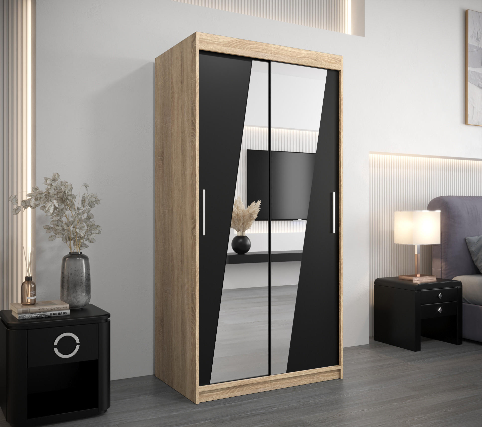 SCHWEBETÜRENSCHRANK 200/100/62 2-türig - Silberfarben/Schwarz, Holz/Kunststoff (100/200/62cm) - Abiks Möbel