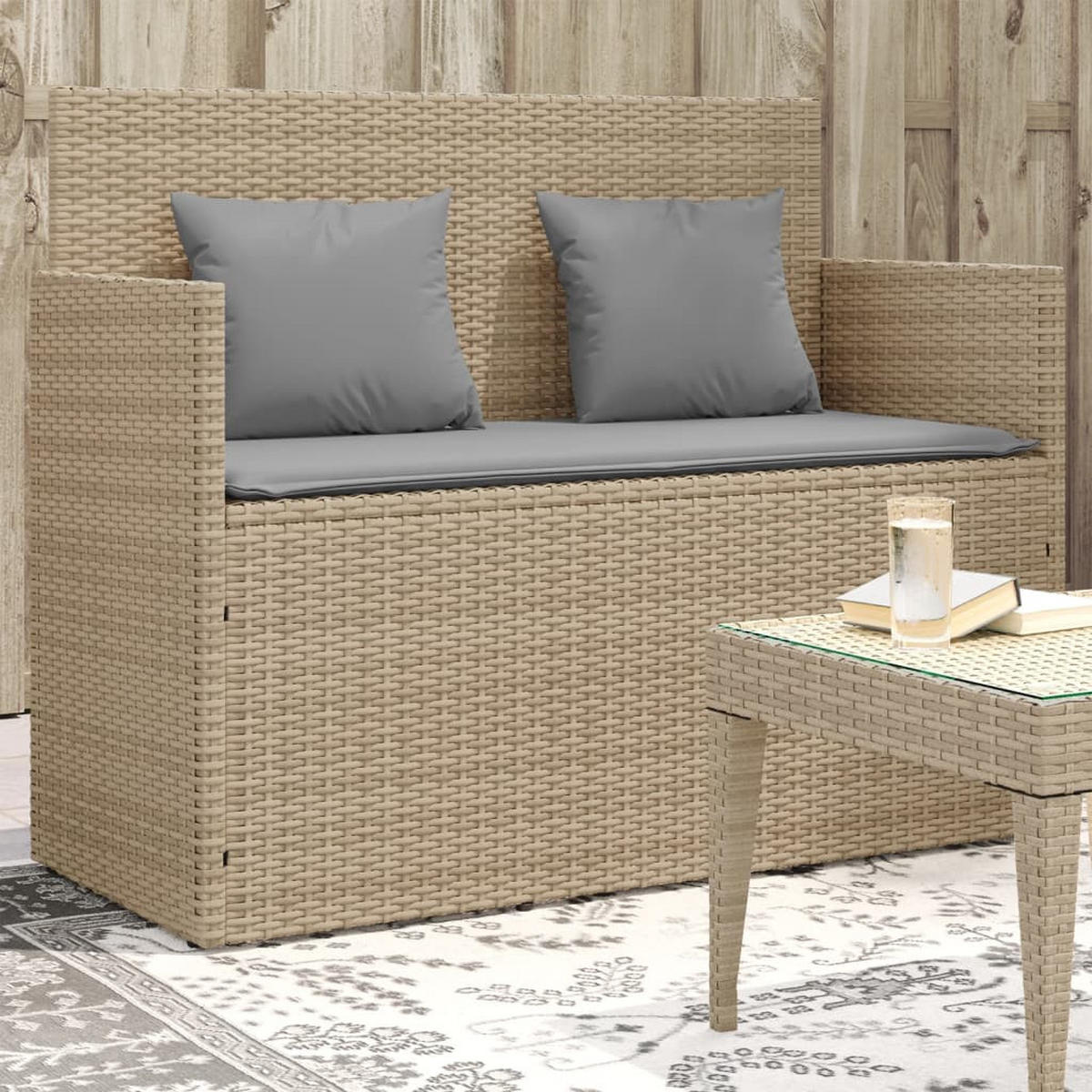 GARTENBANK mit Kissen Beige Poly Rattan - Beige/Grau, Kunststoff (120/90.5/50cm) - furnicato