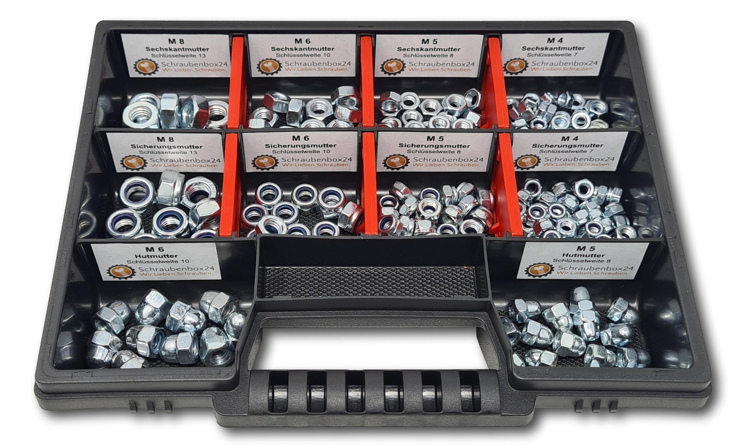 MUTTERN Sortiment M4-M5-M6-M8 235 tlg. Schraubenbox - Zinkfarben, Metall (3.5cm) - Schraubenbox24