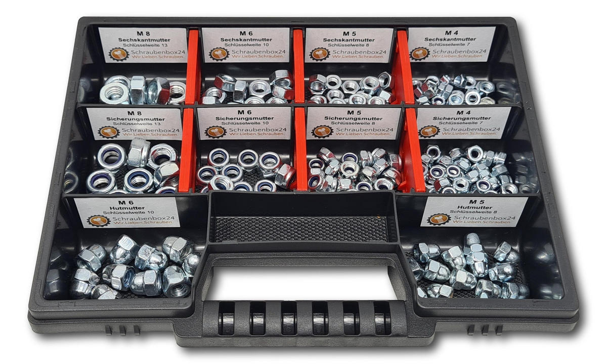 MUTTERN Sortiment M4-M5-M6-M8 235 tlg. Schraubenbox - Zinkfarben, Metall (3.5cm) - Schraubenbox24