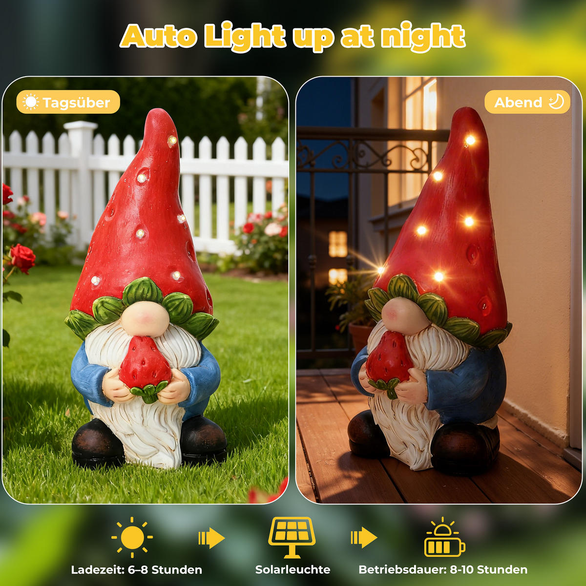 40 cm Erdbeer-Zwergelf LED Gartenfigur Zwerg, Garten- und Hofdekoration Geschenkidee für Mama - Multicolor, Naturmaterialien (19.5/40/19cm) - Hometopia