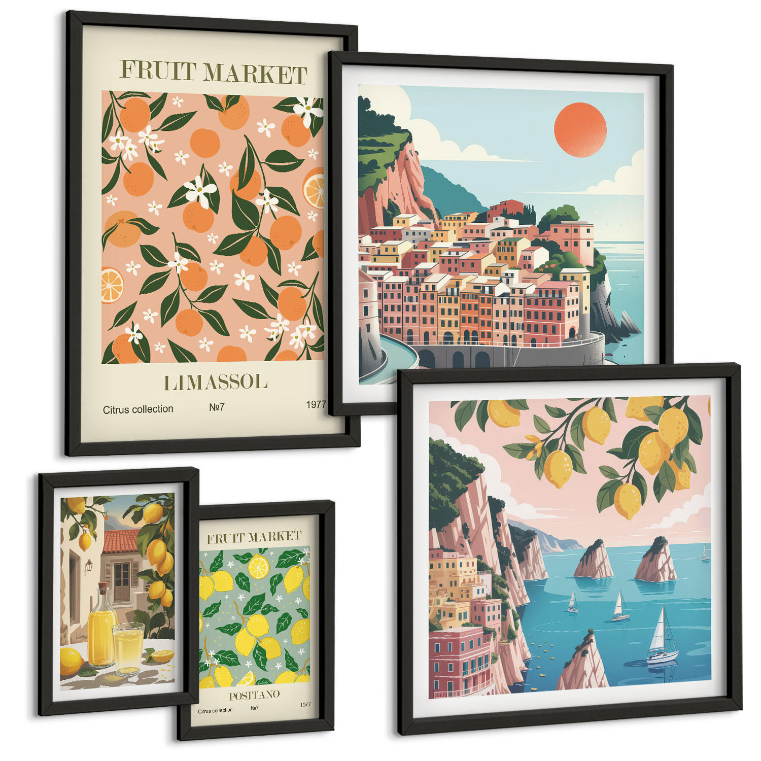 BILDER SET 5er Set - 50x50 cm & 20x30 cm & 40x60 cm Schwarzer Rahmen - Abstrakte ästhetische Berge - Schwarz, Kunststoff (40/60cm) - TULUP