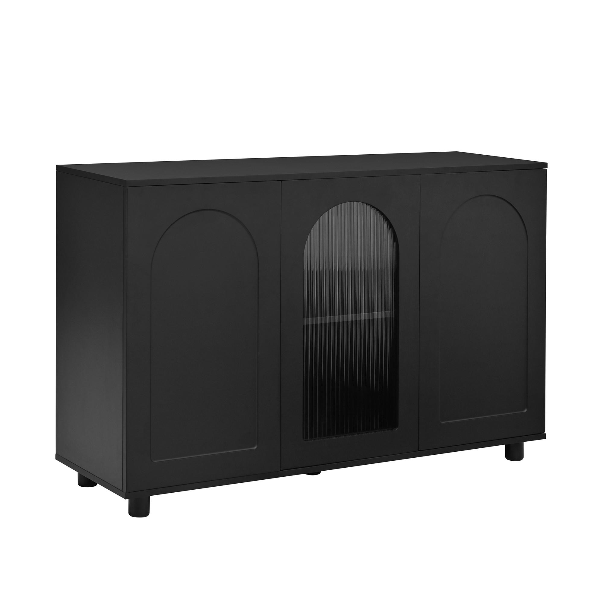 SIDEBOARD aus MDF 120x40x78 cm Schwarz mit Glaseinsatz, verstellbaren Einlegeböden und Push-to-Open-Mechanismus - Schwarz, Holzwerkstoff (120/78.5/40cm) - Modfu