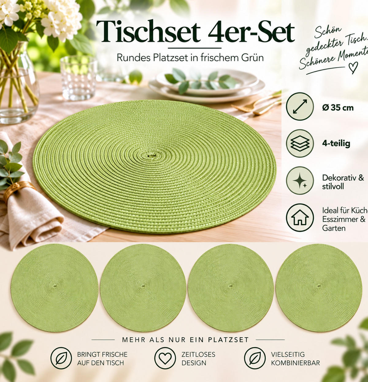 PLATZSET 4er Set Polypro Pistazie 35 cm rund - Hellgrün, Kunststoff (35cm) - TiborTex