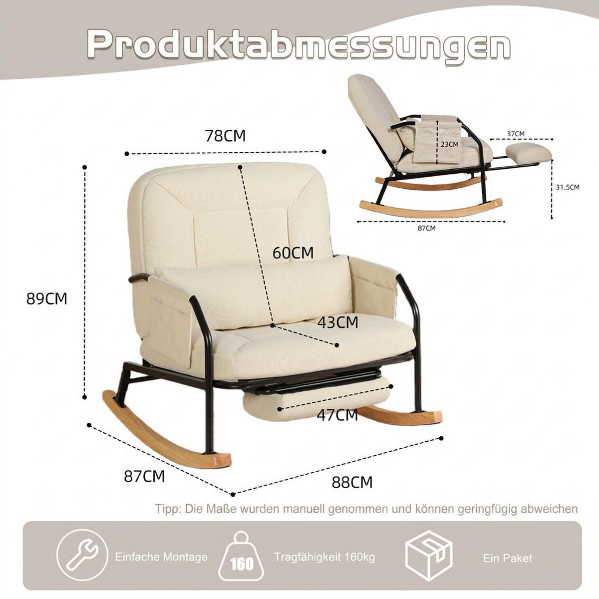 SCHAUKELSTUHL Beige Cord mit Fußstütze und Lendenkissen - Beige, Textil (87/89/88cm) - Oxeza