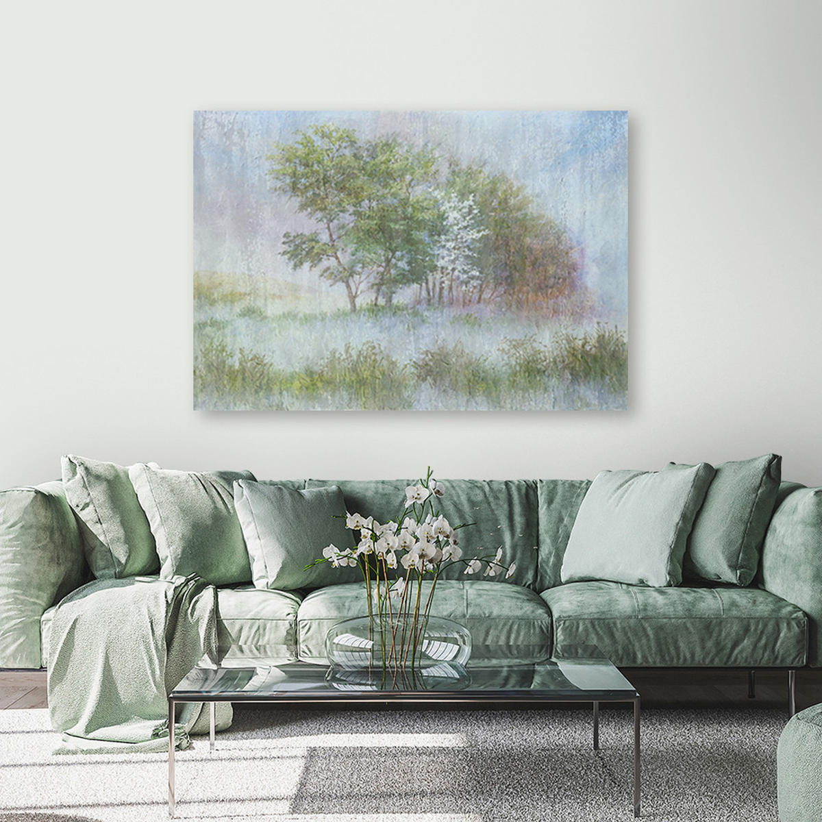 WANDBILD bäume auf einer nebligen wiese - Grün, Textil (60/40cm) - Feeby