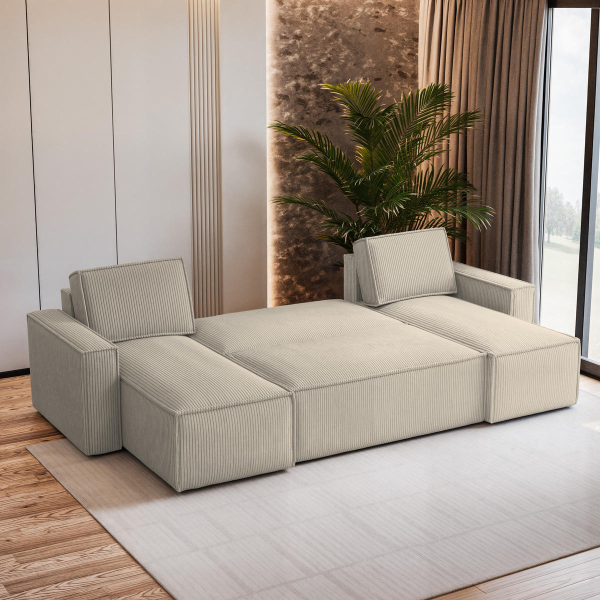 WOHNLANDSCHAFT PESANO P Creme Kordstoff mit Schlaffunktion - Creme, Holz (306/85/140cm) - MASSENO