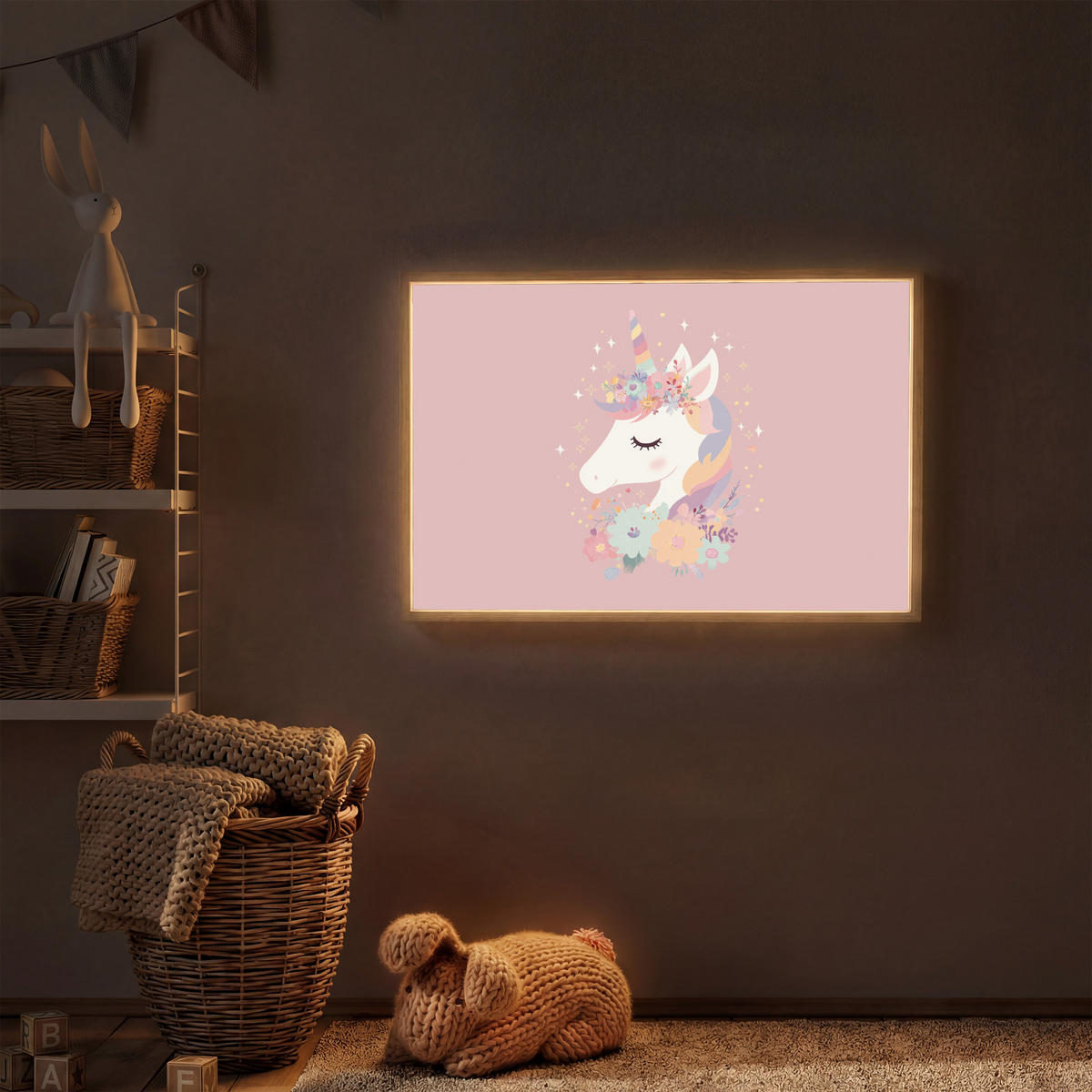 NÁSTĚNNÁ LAMPA S AKUMULÁTOREM Jednorožec - růžová - květiny 100x70 cm - růžová, kompozitní dřevo (100/70/8cm) - OnlyWow