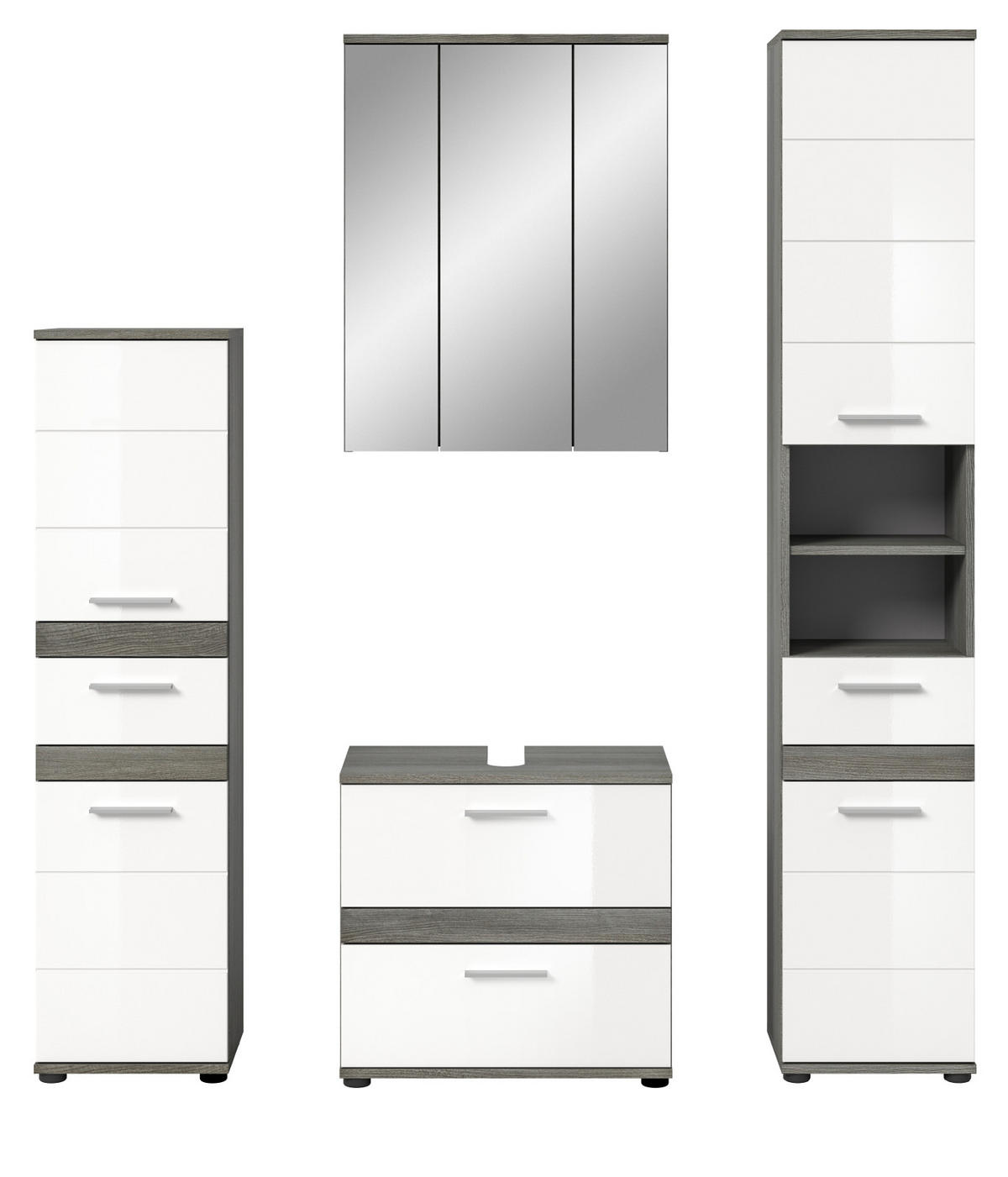BADMÖBEL-SET weiß Hochglanz, grau 4-teilig 160 cm, Kombination mit viel Stauraum - Weiß Hochglanz/Grau, Holzwerkstoff/Metall (160/191/34cm) - Inn.Furn