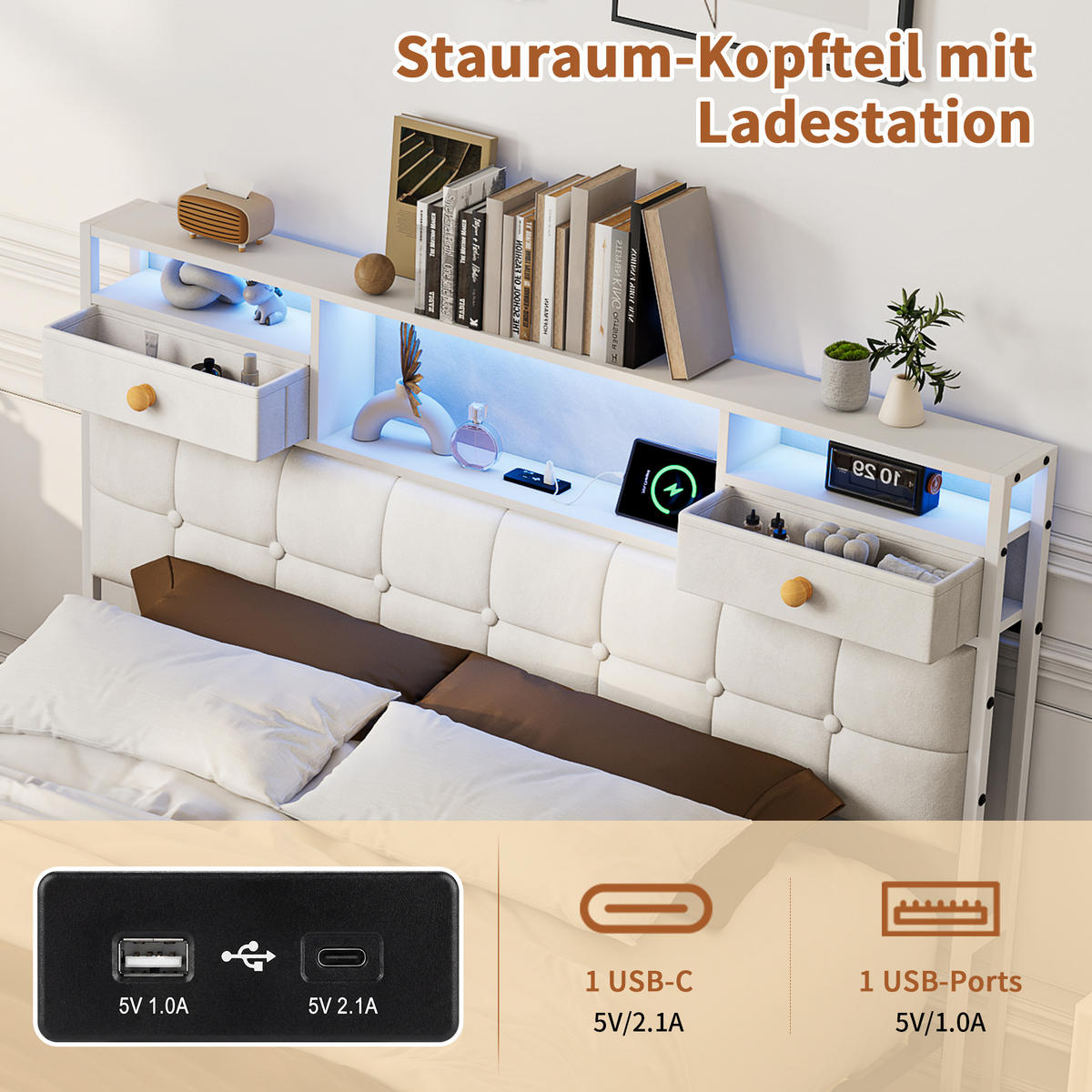 POLSTERBETT 140x200 cm mit 4 Schubladen, LED und USB-/Typ-C-Anschlüsse, Samt in Beige - Beige, Holz (140/200cm) - BRILVERDE