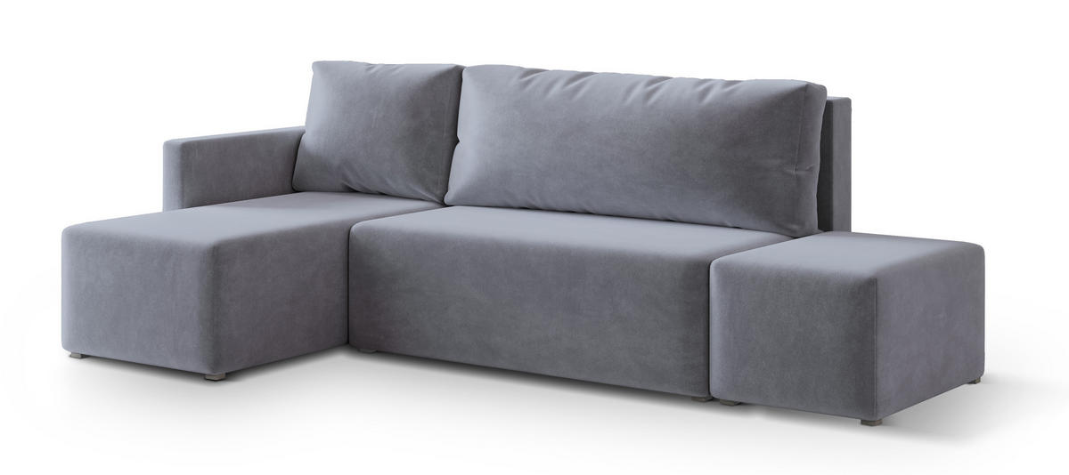 ECKSOFA VELOTTI L-S Grau Plüsch-Stoff mit Schlaffunktion - Grau, Holz (261/143cm) - MASSENO