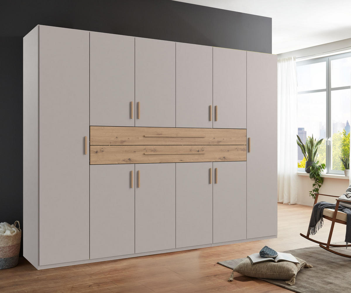 SKŘÍŇ S OTOČNÝMI DVEŘMI B270/H208/T58 cm, béžovo-šedá, šatní skříň se 2 velkými zásuvkami a úchytkami v dekoru dub Artisan / 22642 - šedobéžová/dub artisan, kompozitní dřevo/plast (270/208/58cm) - luma-home
