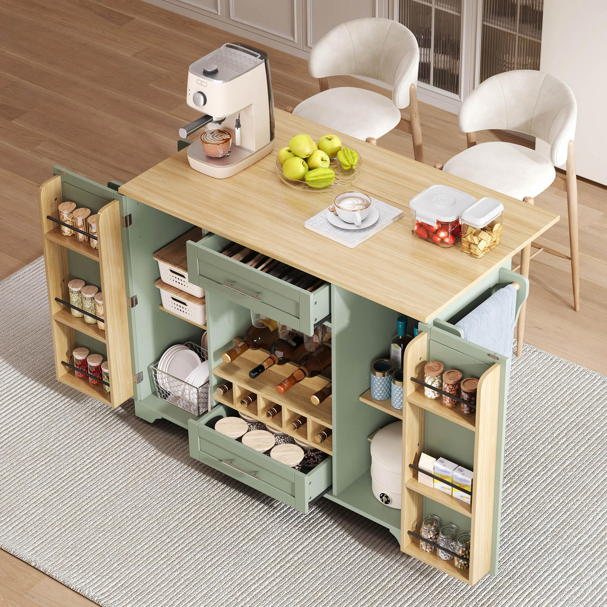 KÜCHENINSEL 138 cm MDF Antikgrün mit Klappbarer Arbeitsplatte und Weinregal - Pastellgrün, Holzwerkstoff (70/92/138cm) - Korfee