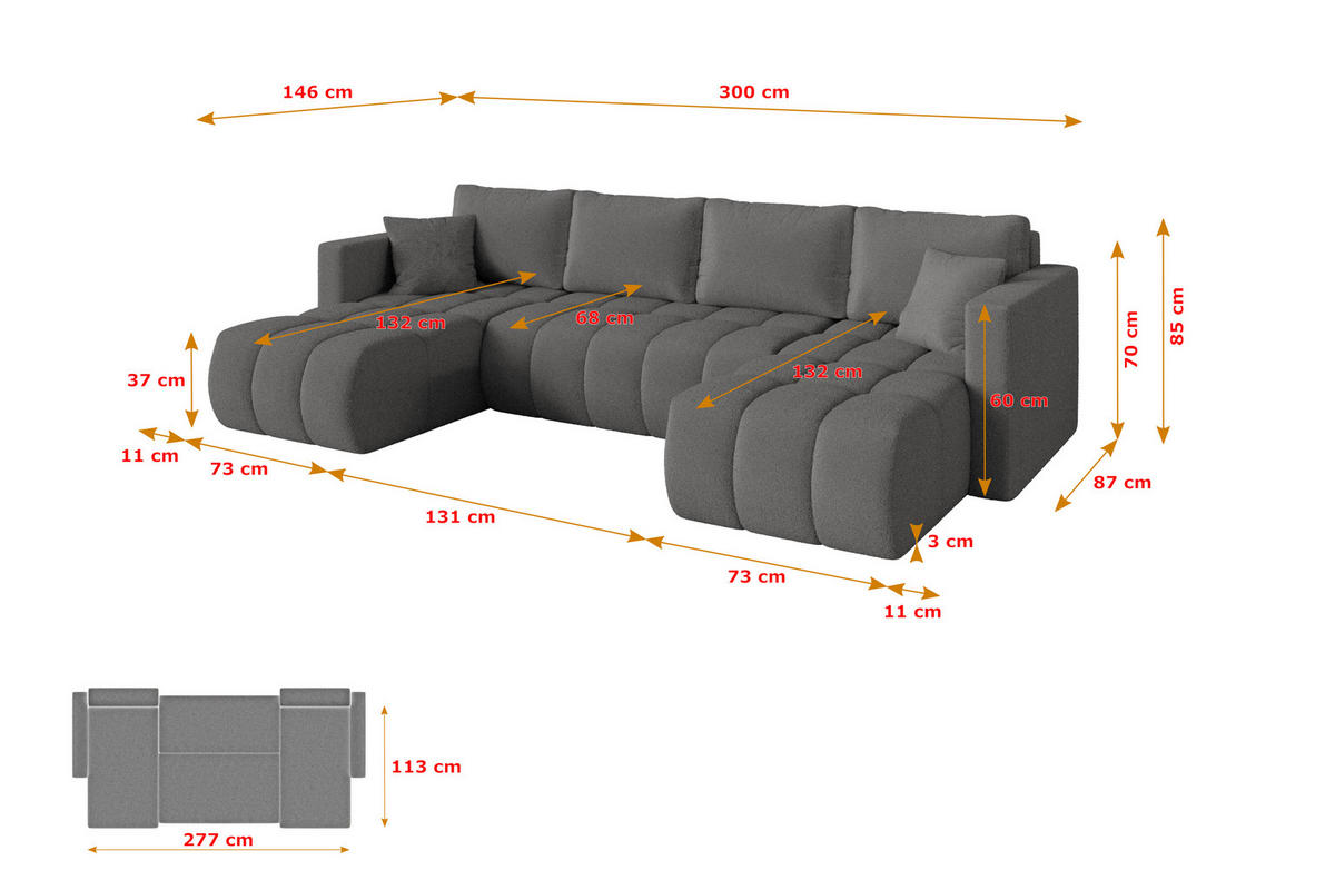 SEDACÍ SOUPRAVA DO U s funkcí spaní a úložným prostorem GARD-U 300x146x85 šedá bouclé - šedá/černá, kompozitní dřevo/textil (300/85/146cm) - ALTDECOR