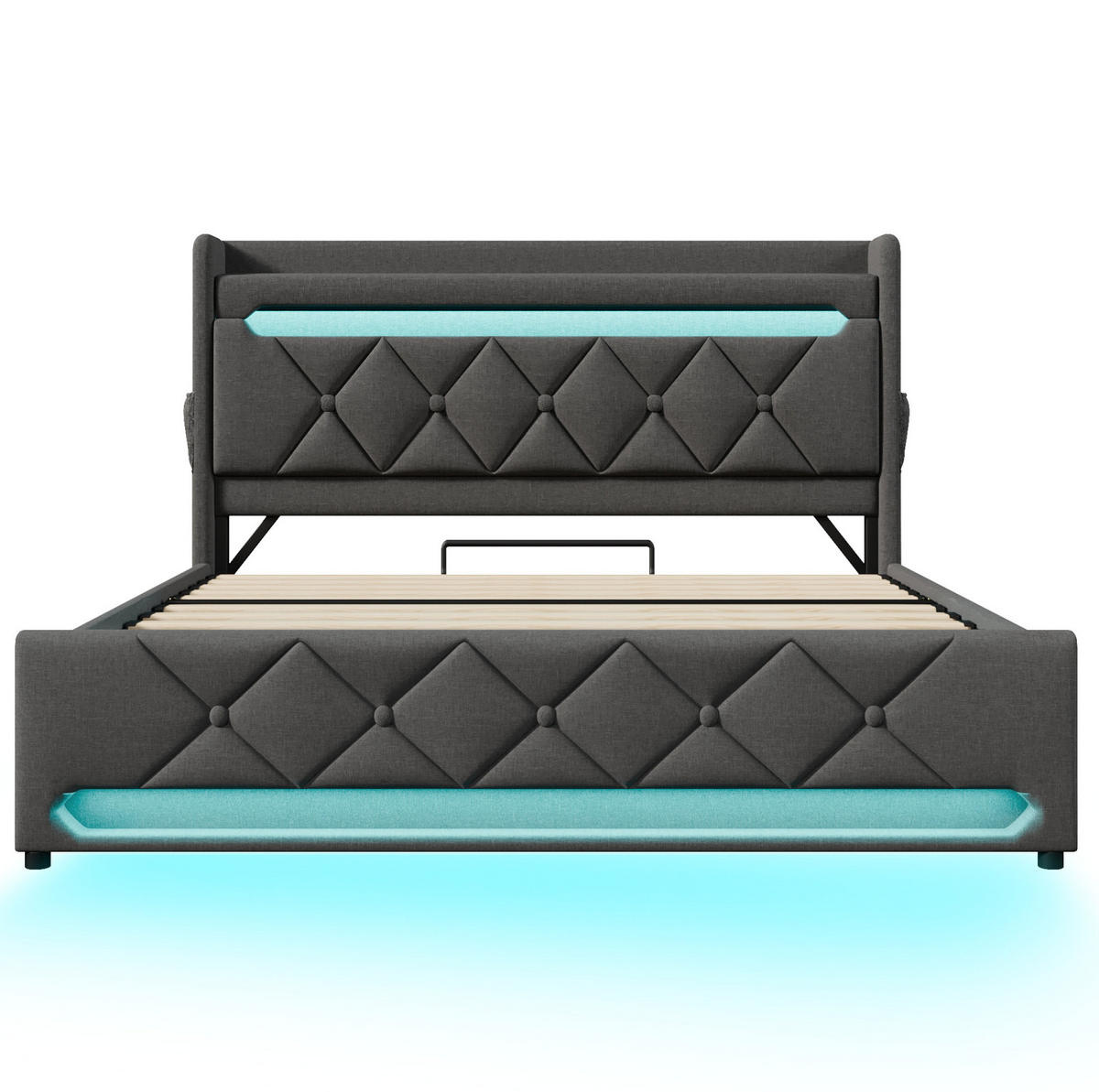 ČALOUNĚNÁ postel 140/190 cm šedá z lnu s LED osvětlením, úložným prostorem a USB/C nabíjením - šedá, textil (140/190cm) - OKWISH
