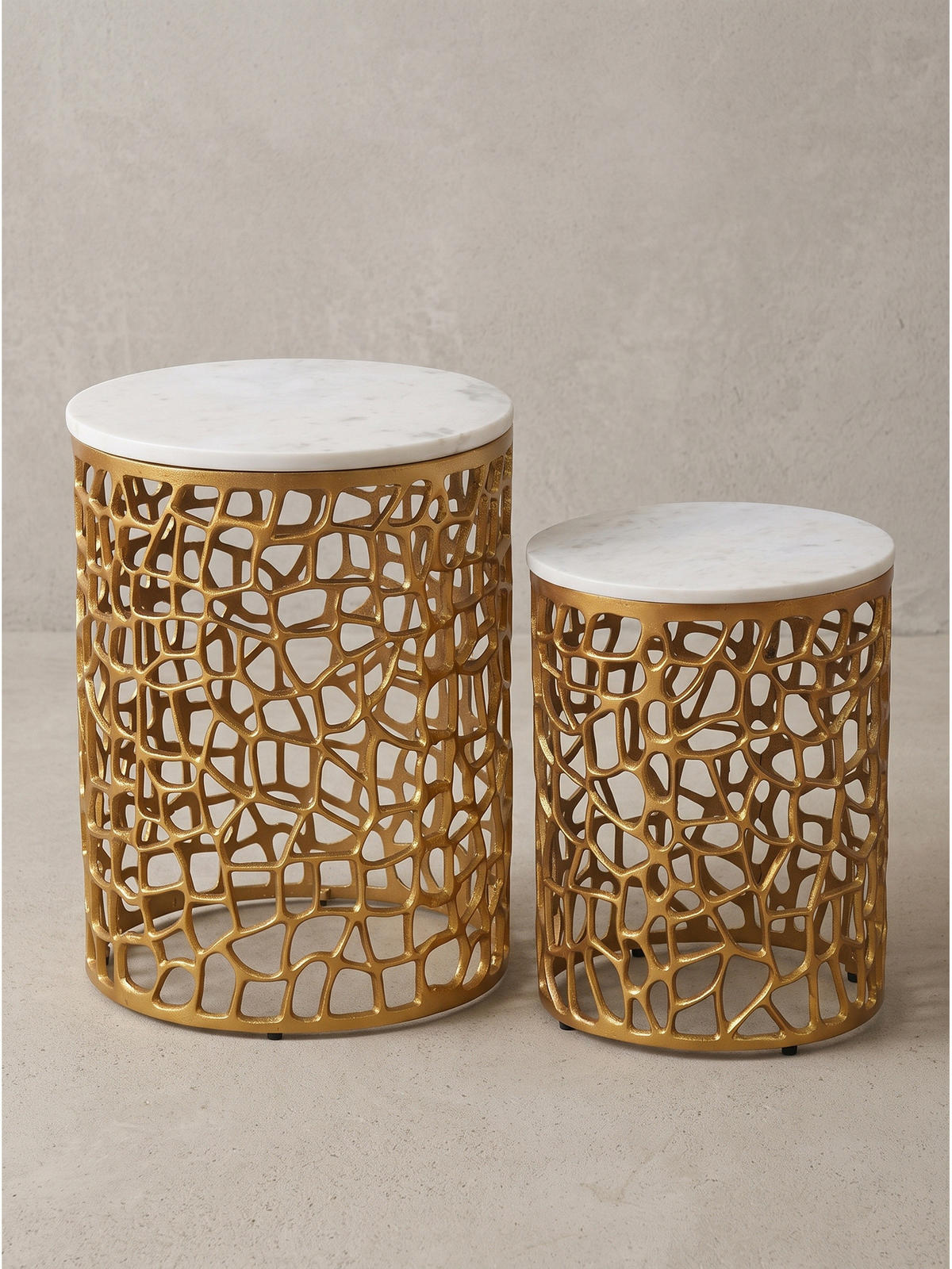 BEISTELLTISCHE 2er-Set ASTLUX, Marmor, Gold-Weiß, Ø 39 x 52,5 cm - Goldfarben, Stein/Metall (39/39/52.5cm) - KADIMA DESIGN