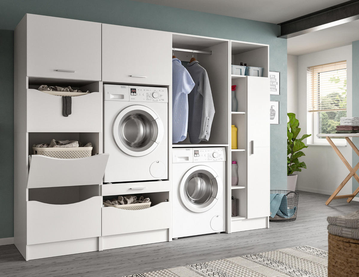 WASCHMASCHINENSCHRANK weiß Set 4-teilig 242 cm, Waschmaschinenumbau XXXL mit viel Stauraum - Silberfarben/Weiß, Glas/Holzwerkstoff (242/196/68cm) - Inn.Furn