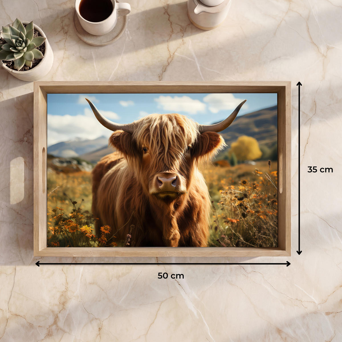 SERVÍROVACÍ PODNOS Skotský horal - Květiny - Rohy - Mraky 50x35 cm - hnědá, dřevo (50/5/5cm) - OnlyWow