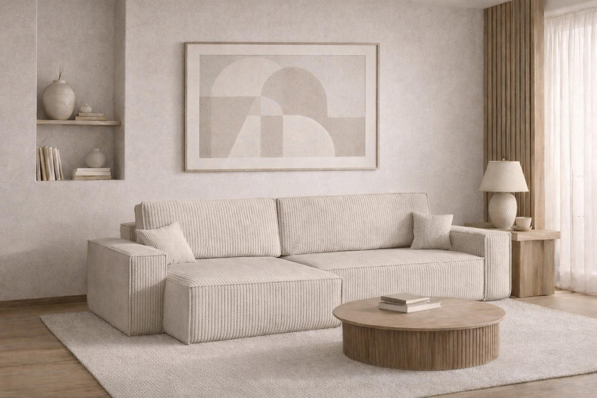 ECKSOFA Mit Schlaffunktion Und Bettkasten, Eckcouch BEST XL Stoff Poso Dicker Cord Beige Links - Beige/Schwarz, Holz/Kunststoff (142/83/274cm) - Kaiser Möbel