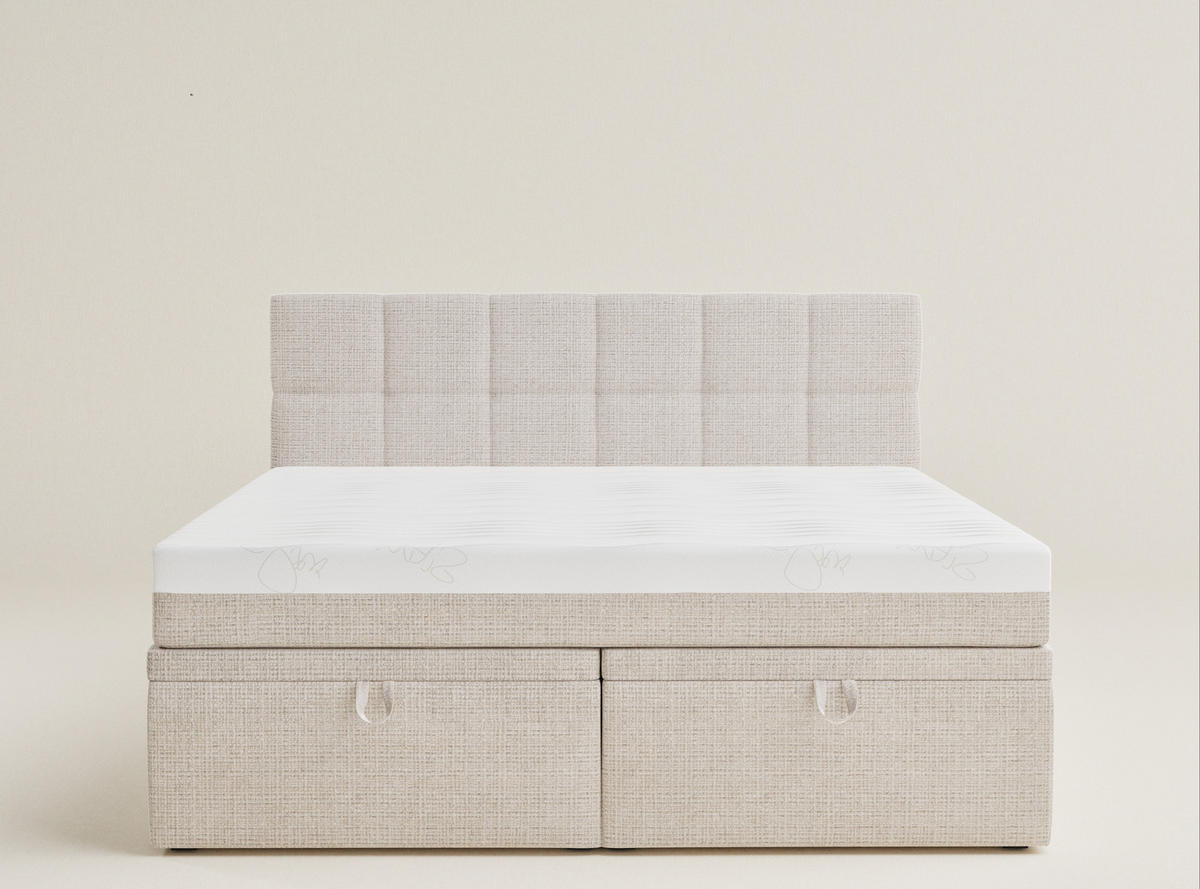 BOXBETT 200/200 cm Gotu S, in Creme, Matratze, gepolstertes Kopfteil, Bettkasten, H3 = fest - Creme/Schwarz, Holz/Holzwerkstoff (200/200cm) - Maison de Reve