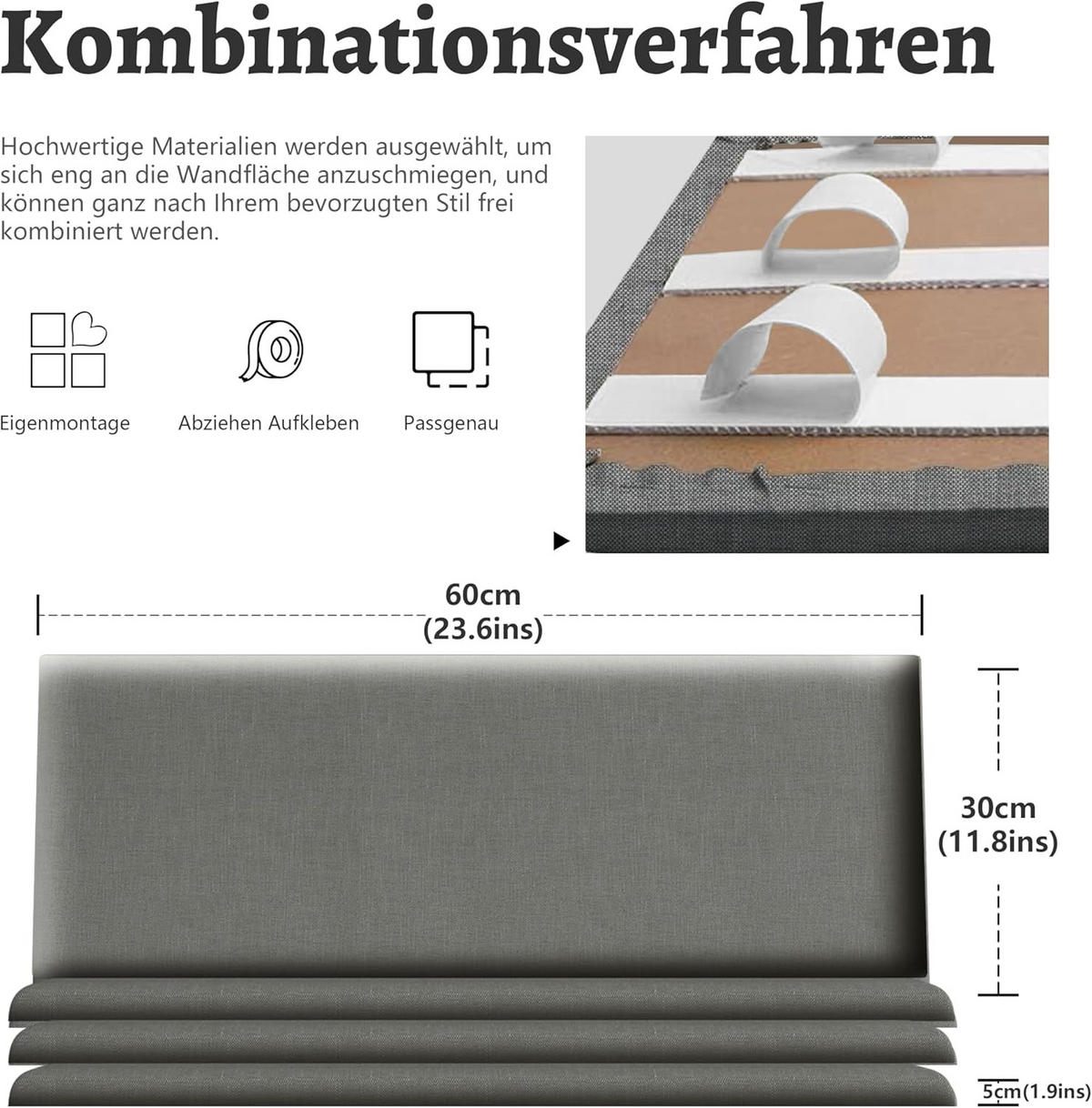 3D-WANDPANEELE Selbstklebende Wandverkleidung aus Kunstleder Akustik 60/30cm - Dunkelgrau, Textil (60/30/3cm) - Vercart