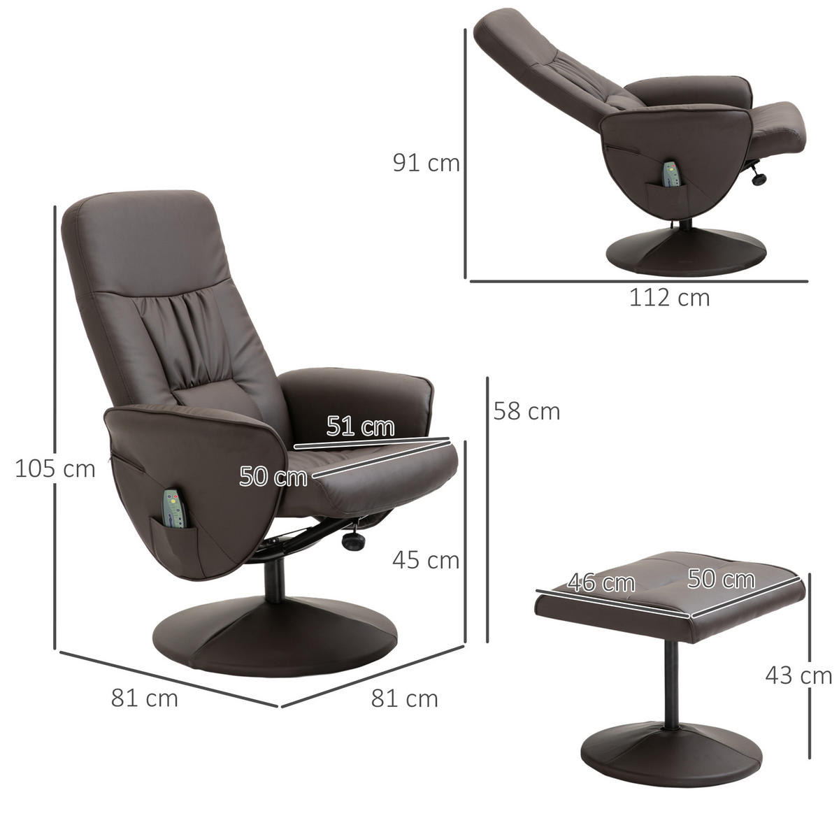 RELAXSESSEL mit Fußhocker, Kunstleder - Braun, Kunststoff/Metall (81/105/76cm) - HOMCOM