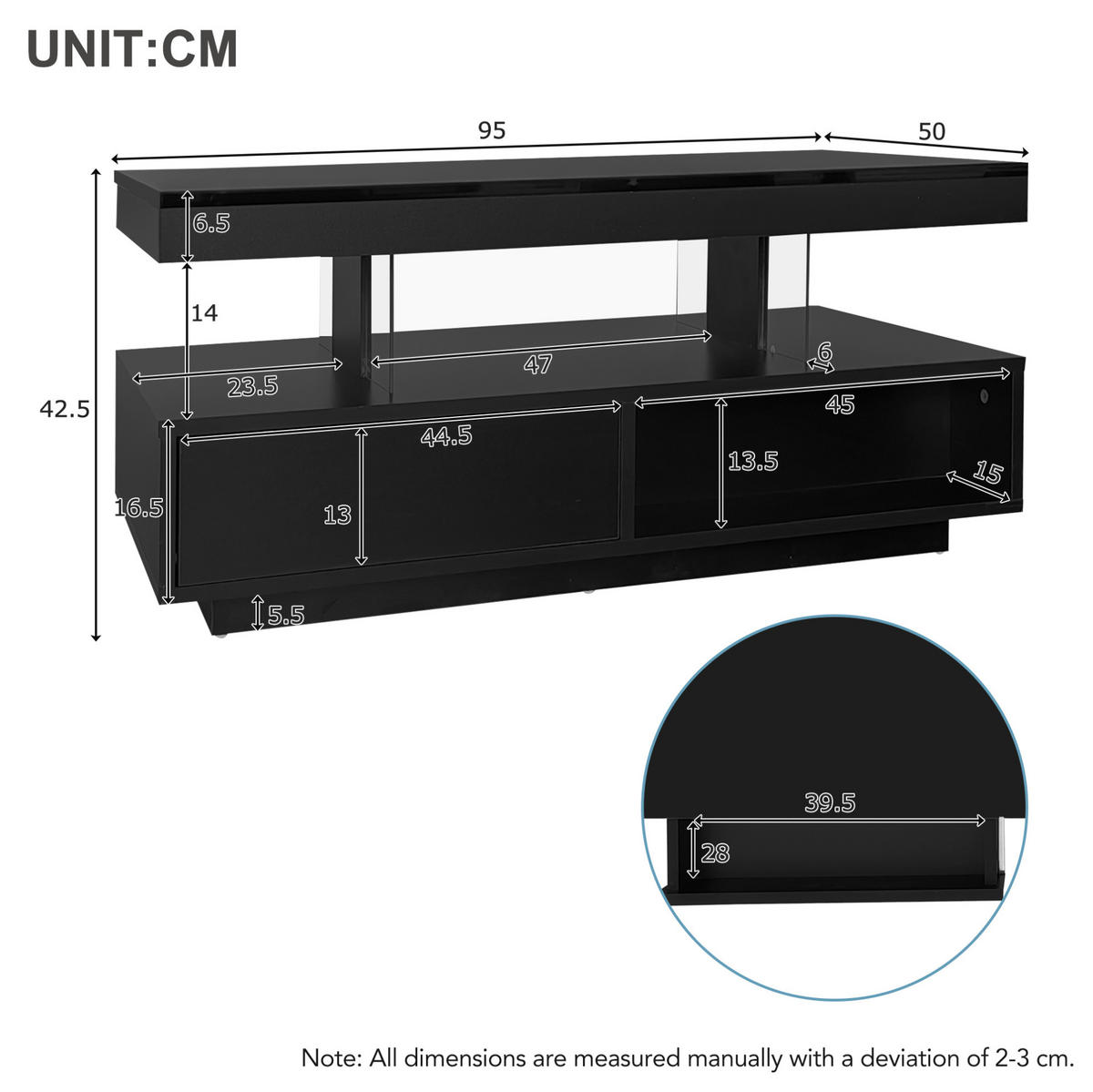 COUCHTISCH aus Spanplatte 95x50x42,5 cm Schwarz mit LED-Beleuchtung, 2 Schubladen, 2 offenen Fächern und Glaseinsätzen - Schwarz, Holzwerkstoff (95/50/42.5cm) - Modfu