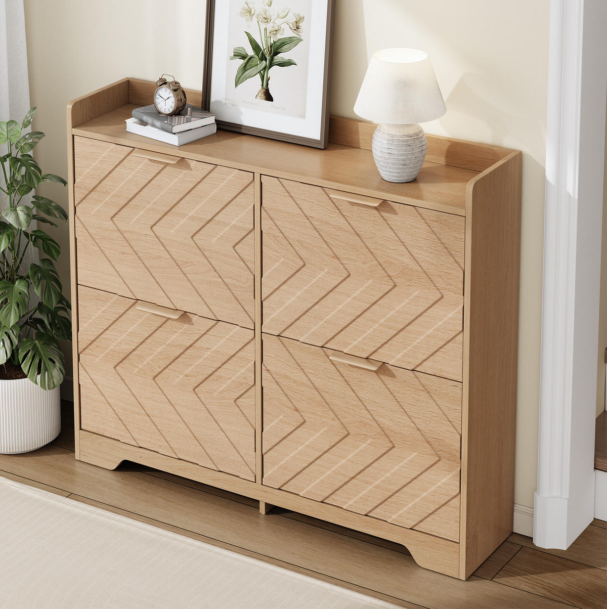 SCHUHSCHRANK 105/24/90 cm mit 4 Klappfächern, 3D-Strukturfront und Ablagefläche, MDF, Natur - Naturfarben, Holzwerkstoff (105/90/24cm) - Redom