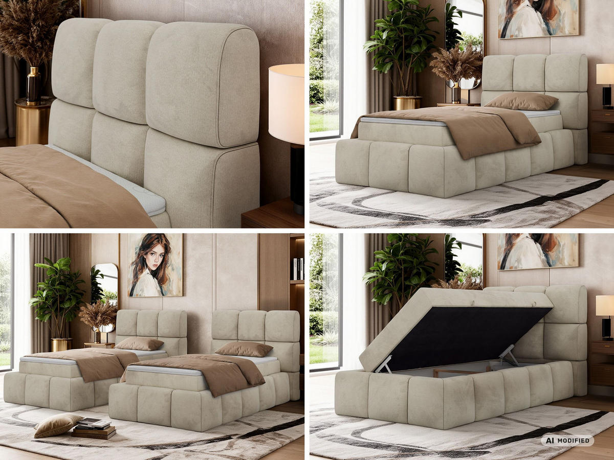 BOXBETT NIRA 90/200 - Beige Velvet - Topper Visco - H3 - Beige/Schwarz, Kunststoff/Textil (200/90cm) - MKS