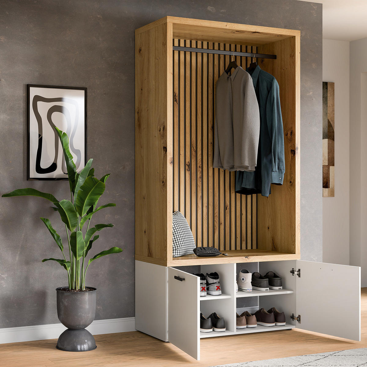 KOMPAKTGARDEROBE - Weiß / Eiche Artisan Dekor - Eichefarben/Weiß, Holzwerkstoff (106/200/47cm) - home24