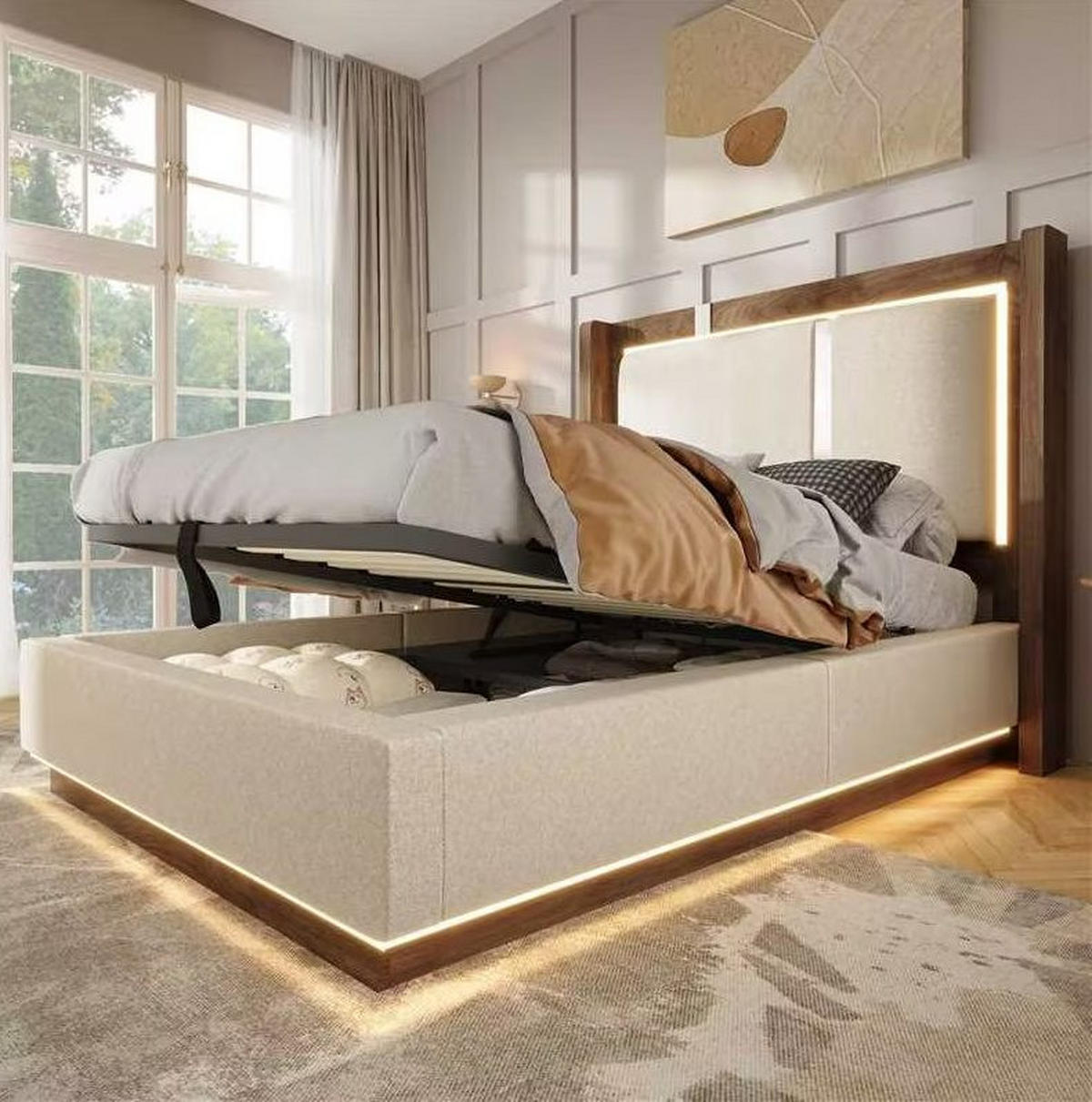 POLSTERBETT 90/200 cm aus Leinen und Holz mit LED und Bettkasten Beige - Beige, Textil (90/200cm) - Modenvie