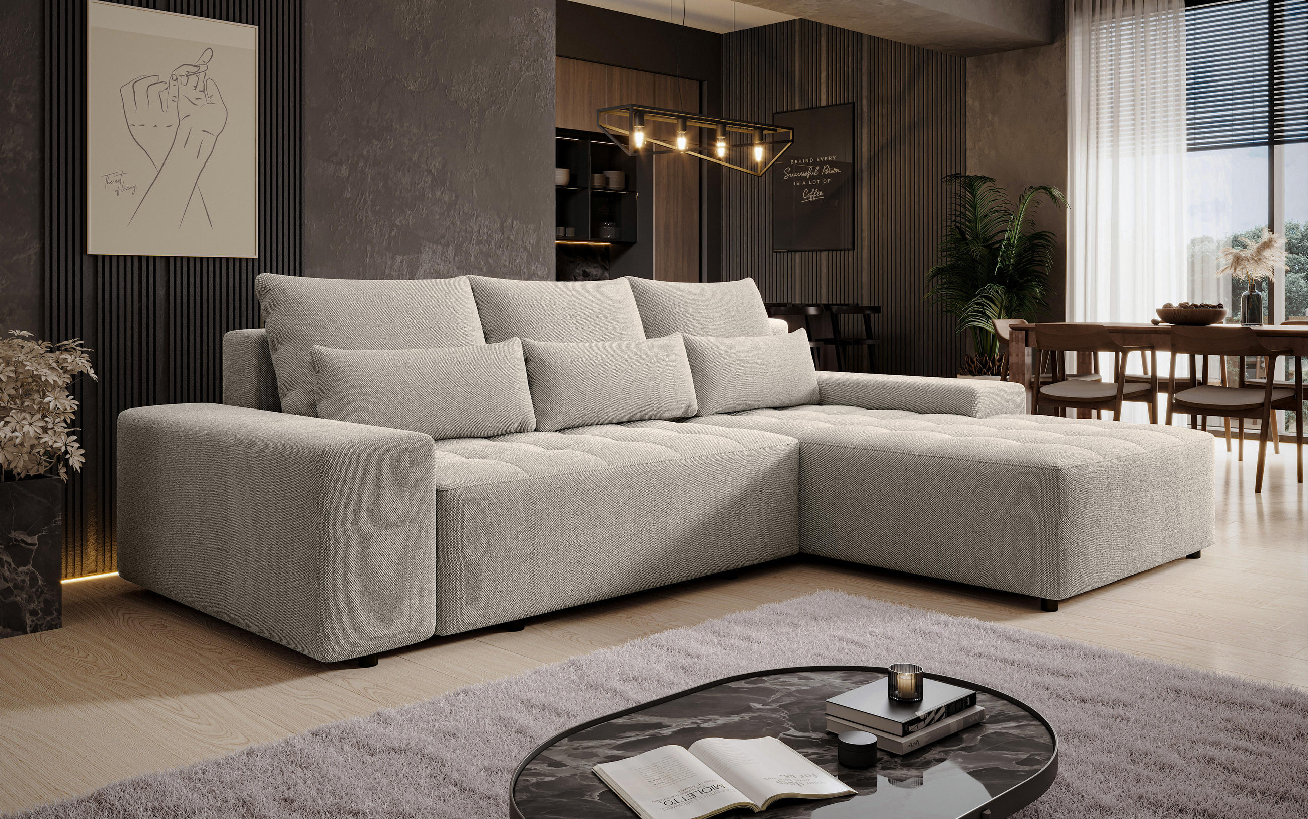ECKSOFA L Form Alvorada Creme 280/184/88 cm – modernes Sofa fürs Wohnzimmer - Creme/Schwarz, Kunststoff/Textil (280/184cm) - AX Living