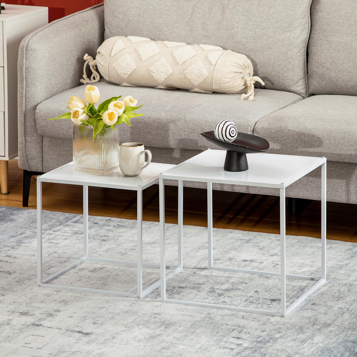 COUCHTISCH-SET 40/40 cm & 35/35 cm aus Stahl in Weiß, 2-teilig - Weiß, Metall (40/40/40cm) - BEAOK