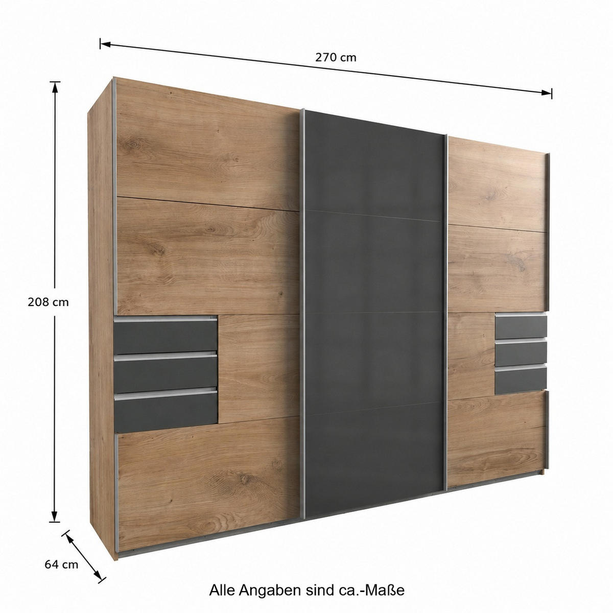 SKŘÍŇ S POSUVNÝMI DVEŘMI, 270 × 208 × 64 cm (Š×V×H), dekor dub, prostřední dveře se sklem v šedé barvě, se zásuvkami v grafitové barvě / 22611 - barva hliníku/grafitová, kov/kompozitní dřevo (270/208/64cm) - luma-home